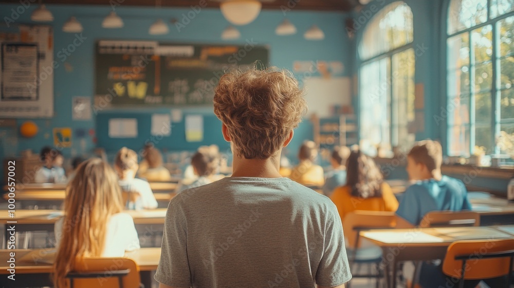 A man stands in front of a classroom full of students. The students are sitting in rows of desks, and the teacher is at the front of the room. Scene is one of learning and education A man stands in front of a classroom full of students. The students are sitting in rows of desks, and the teacher is at the front of the room. Scene is one of learning and education