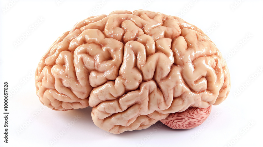 Close-up of a human brain model displaying visible age-related changes, including wrinkles and discoloration, on a white background with ample copy space. Focus on the natural aging Close-up of a human brain model displaying visible age-related changes, including wrinkles and discoloration, on a white background with ample copy space. Focus on the natural aging