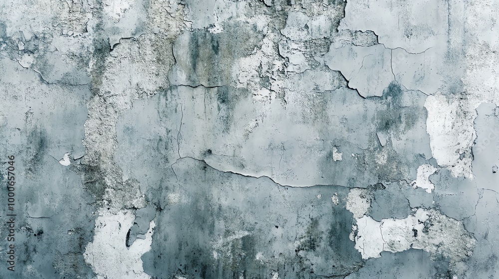 Obraz premium A textured wall showing peeling paint, cracks, and unique patterns in a muted color palette for artistic backgrounds.