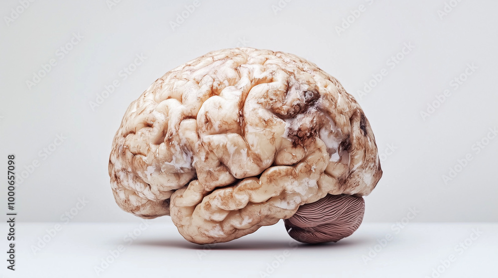 Close-up of a human brain model displaying visible age-related changes, including wrinkles and discoloration, on a white background with ample copy space. Focus on the natural aging Close-up of a human brain model displaying visible age-related changes, including wrinkles and discoloration, on a white background with ample copy space. Focus on the natural aging