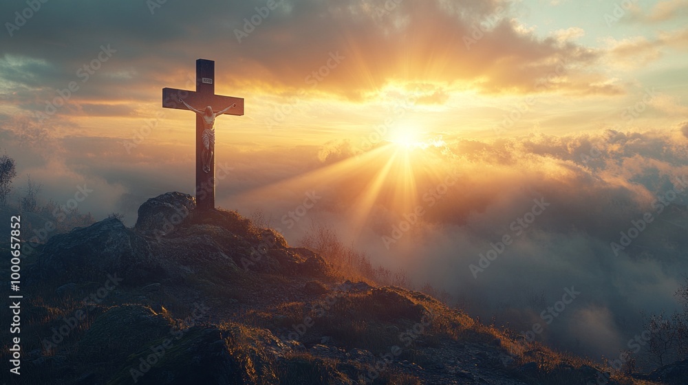 A cross is on a hill with a beautiful sunset in the background. The sun is shining brightly on the cross, creating a warm and peaceful atmosphere A cross is on a hill with a beautiful sunset in the background. The sun is shining brightly on the cross, creating a warm and peaceful atmosphere
