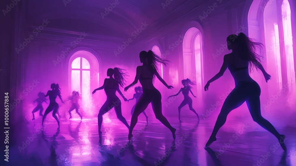 Silhouettes of female dancers in a dance studio lit by a neon pink and purple light. Silhouettes of female dancers in a dance studio lit by a neon pink and purple light.