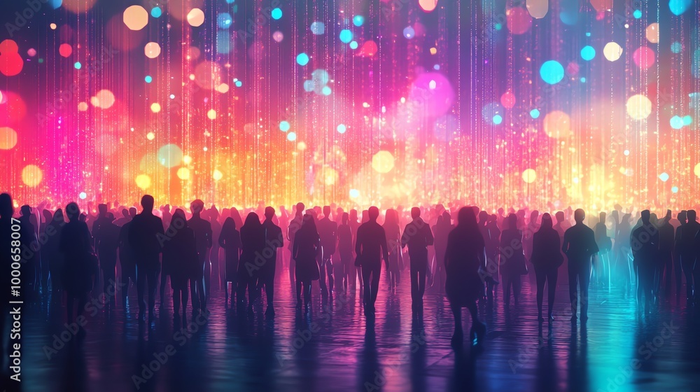 Silhouettes of people walking in a colorful, glittering, futuristic environment. Silhouettes of people walking in a colorful, glittering, futuristic environment.