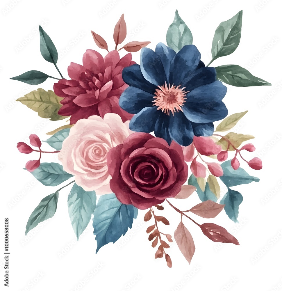 Fototapeta premium Watercolor bouquet of burgundy, navy blue, and pink roses, dahlia flowers, and green leaves isolated on a white background,