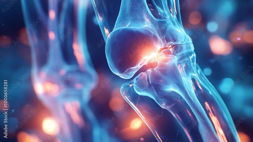A knee joint with torn ligaments shown in holographic form A knee joint with torn ligaments shown in holographic form