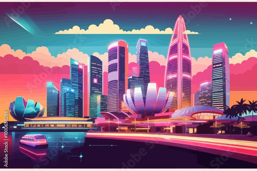 deco neon lights retro travel singapore illustration