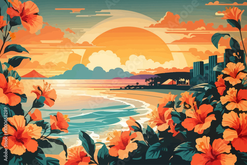 hibiscus beach sunset hawaii illustration