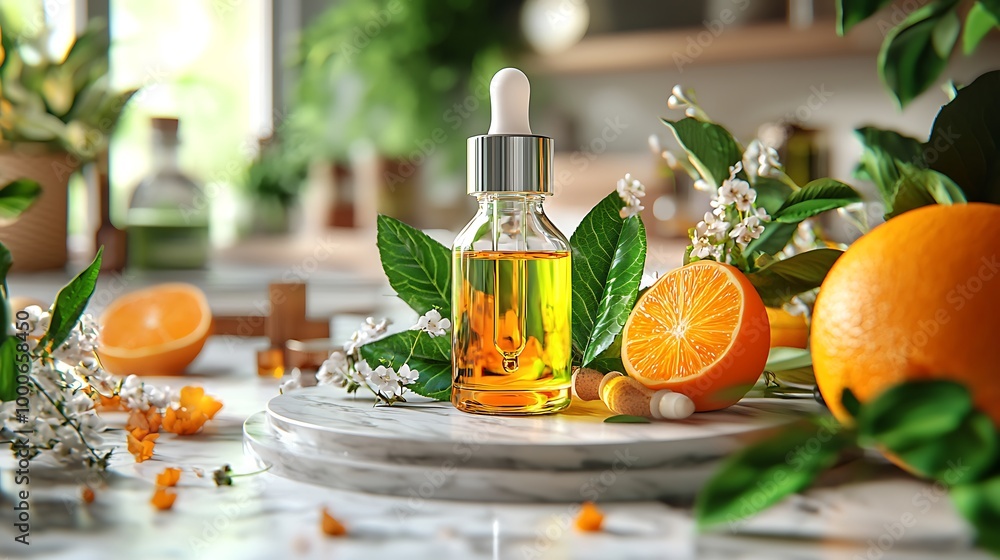 An orange essential oil bottle, flowers, and fruit rest on cool marble, radiant in simplicity. An orange essential oil bottle, flowers, and fruit rest on cool marble, radiant in simplicity.
