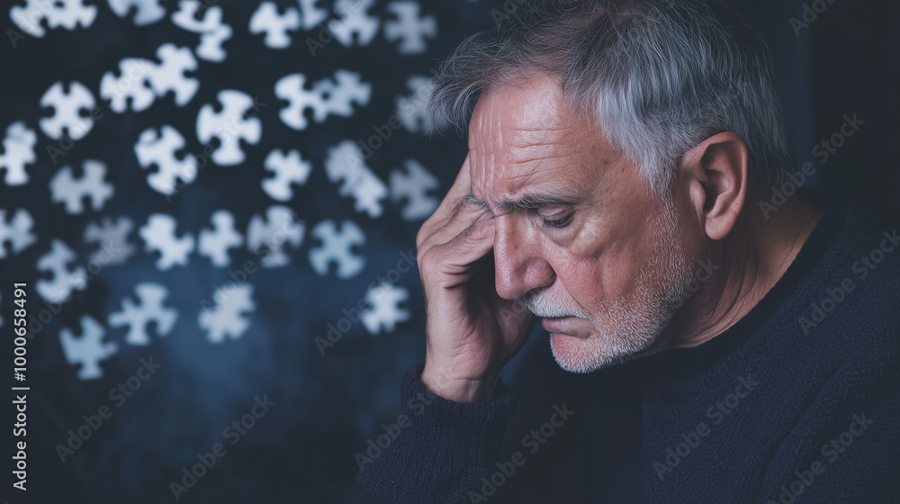 Aging person with pensive look amid scattered brain puzzle Aging person with pensive look amid scattered brain puzzle