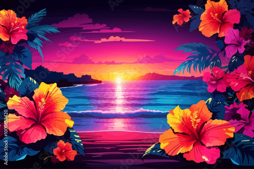 hibiscus beach sunset hawaii illustration