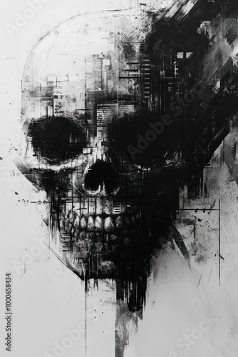 A black and white digital illustration of a skull with digital circuitry, abstract art, with a grunge style. photo