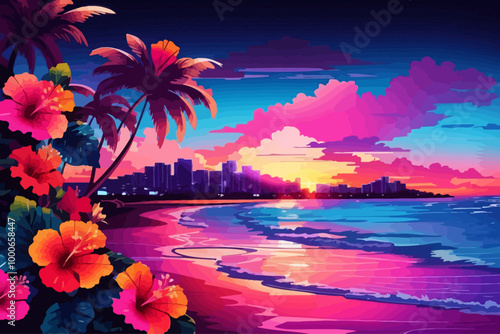 hibiscus beach sunset hawaii illustration