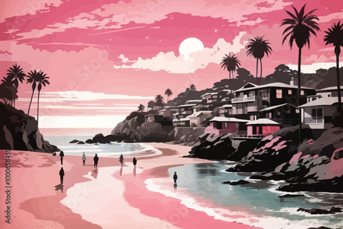 Laguna Beach style of a noir novel bookcover in pink and black