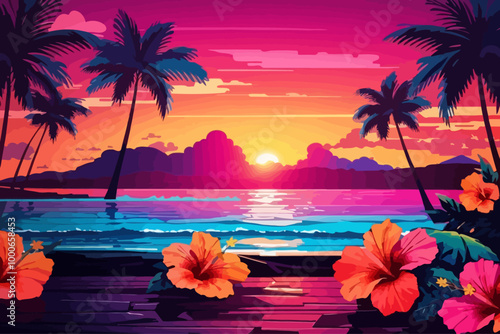 hibiscus beach sunset hawaii illustration