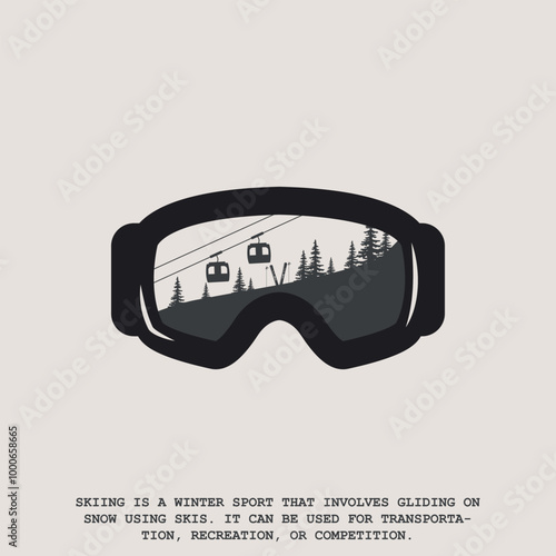 goggles ski with mountain reflection logo vector illustration design, sign and symbol with description of winter sport