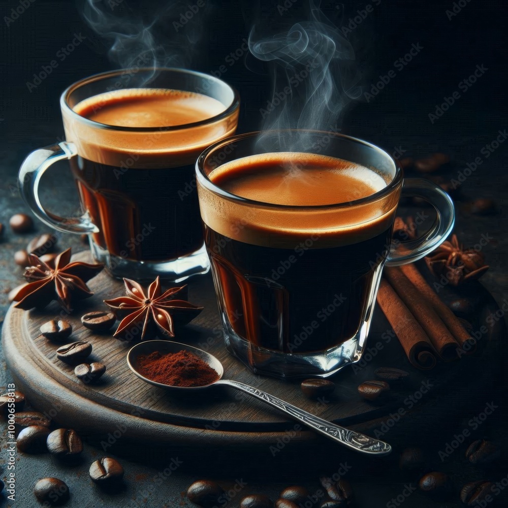 Rich espresso served in two glasses, set against a dark background for a bold coffee experience Rich espresso served in two glasses, set against a dark background for a bold coffee experience