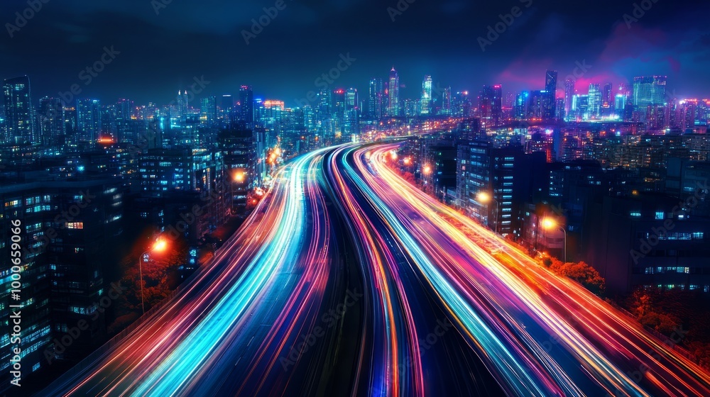 Fototapeta premium Smart city with speed line glowing light trail surround the city. big data connection technology concept