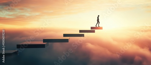 A silhouette of a person ascending colorful steps towards a glowing horizon, symbolizing growth, progress, and ambition.