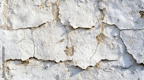 Close-up of an aging, cracked white wall texture showing deep fissures and a weathered surface, perfect for various design projects.