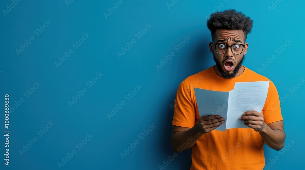 Shocked Man Reading Paper Document Surprised Reaction Blue Background Shocked Man Reading Paper Document Surprised Reaction Blue Background