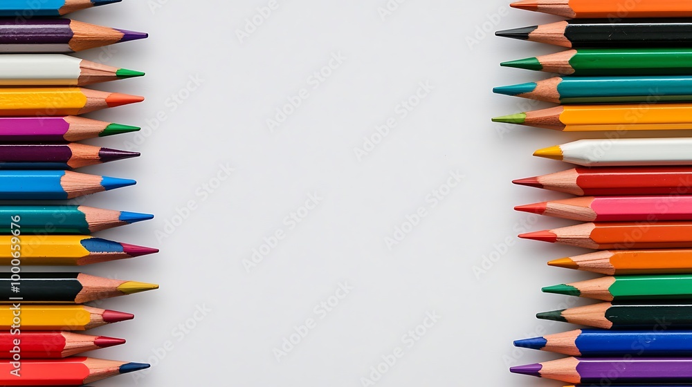 Colorful pencils frame a white background, sparking creativity and artistic inspiration. Colorful pencils frame a white background, sparking creativity and artistic inspiration.