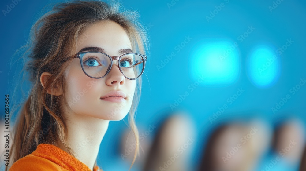 Young Woman Looking Up with Glasses and Blue Background Young Woman Looking Up with Glasses and Blue Background