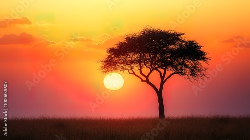 Silhouette of a Tree at Sunset in the Savanna