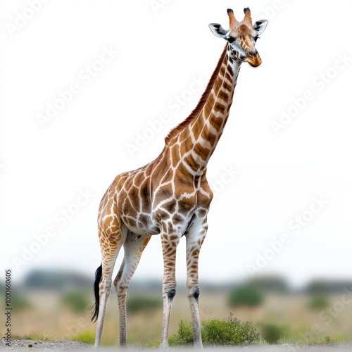 A majestic giraffe stands gracefully in its natural habitat, showcasing its unique pattern and towering presence. photo