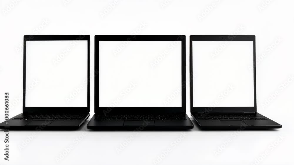 Three black laptops are lined up in a row with blank screens Three black laptops are lined up in a row with blank screens