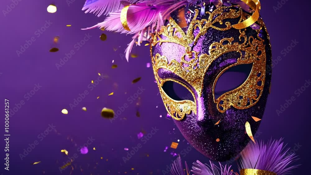 A purple and gold masquerade mask with feathers hangs against a purple background with confetti A purple and gold masquerade mask with feathers hangs against a purple background with confetti