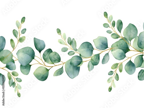 Watercolor eucalyptus garland frame isolated on a white background, a wedding decoration design with green leaves and yellow flowers. 