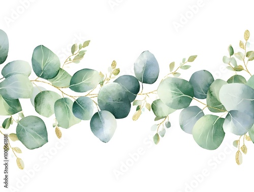 Watercolor eucalyptus garland frame isolated on a white background, a wedding decoration design with green leaves and yellow flowers. 