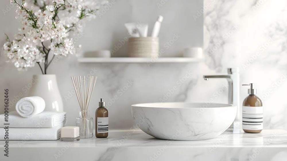 Capture a scene featuring a white marble tabletop in a stylish bathroom, complemented by sleek cabinetry and tasteful decor. This mockup space provides a perfect backdrop for montaging beauty and Capture a scene featuring a white marble tabletop in a stylish bathroom, complemented by sleek cabinetry and tasteful decor. This mockup space provides a perfect backdrop for montaging beauty and