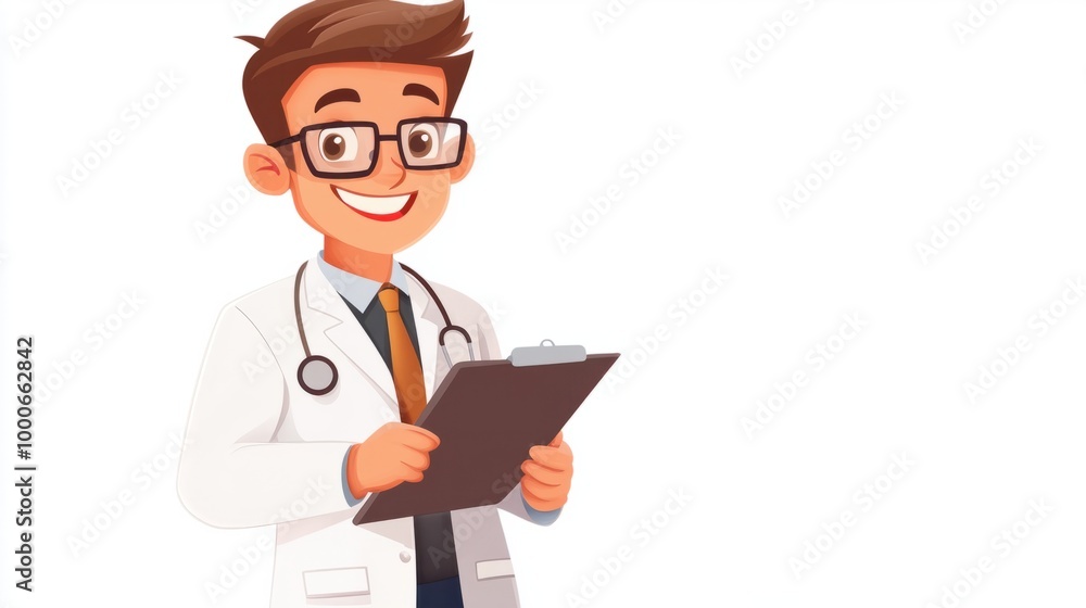 Cute cartoon doctor with a bright smile, holding a clipboard and wearing glasses, isolated on a clean white background. Cute cartoon doctor with a bright smile, holding a clipboard and wearing glasses, isolated on a clean white background.