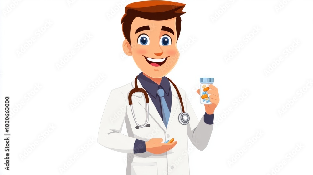 Cute doctor cartoon character with a friendly smile, holding a stethoscope and pill bottle, isolated on a clean white background. Cute doctor cartoon character with a friendly smile, holding a stethoscope and pill bottle, isolated on a clean white background.