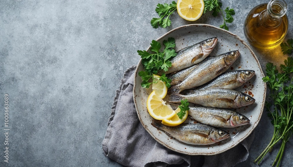 Fresh Sardines with Lemon and Parsley on Rustic Plate, Top view Fresh Sardines with Lemon and Parsley on Rustic Plate, Top view