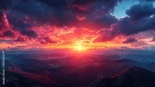 A beautiful sunset over a mountain range with a red sun in the sky. The sky is filled with clouds, creating a dramatic and serene atmosphere