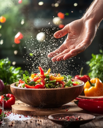 Fresh Pepper Salad Being Tossed in a Bowl Highlighting Vibrant Vegetables with Copy Space photo