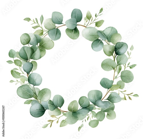 Watercolor eucalyptus wreath, with soft green and white colors, in a clipart style, isolated on a pure, solid, clean white background