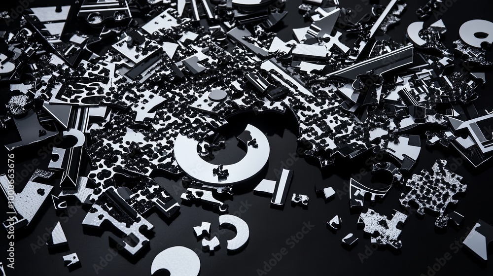 Obraz premium A chaotic arrangement of black and white puzzle pieces scattered on a dark surface, suggesting a creative challenge.