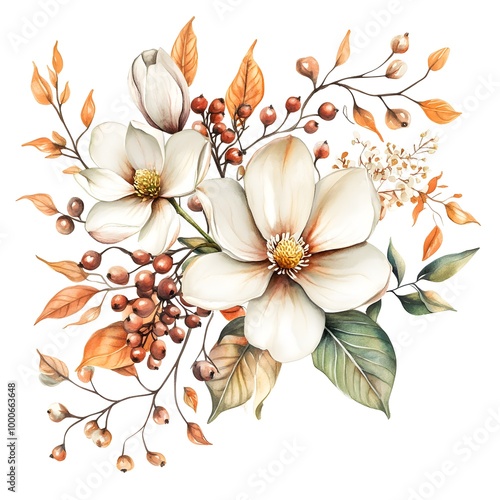 Watercolor floral bouquet, autumn color palette with white magnolia flowers and berries, isolated on a solid background, 