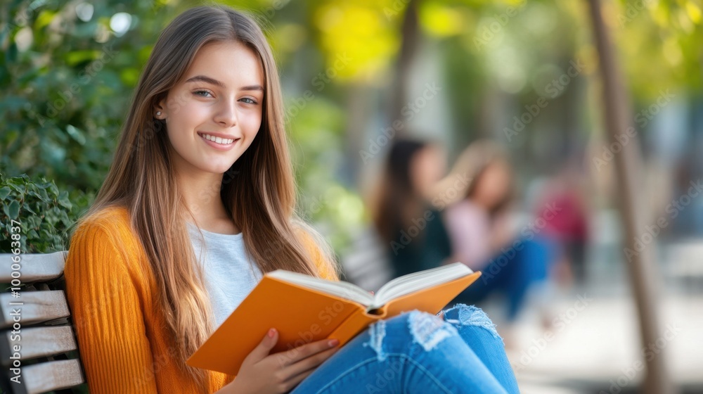 Happy Student Reading in a Sunny Outdoor Space Happy Student Reading in a Sunny Outdoor Space