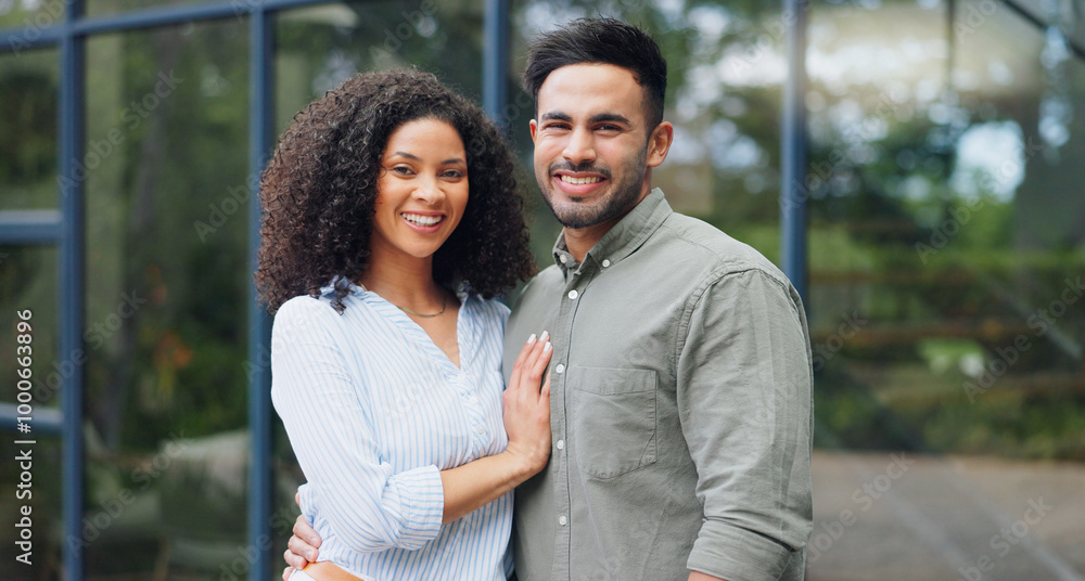 Fototapeta premium Couple, portrait and new home with happy, love and smile together from property investment outdoor. Mortgage, opportunity and people hug from with real estate, marriage and commitment with support