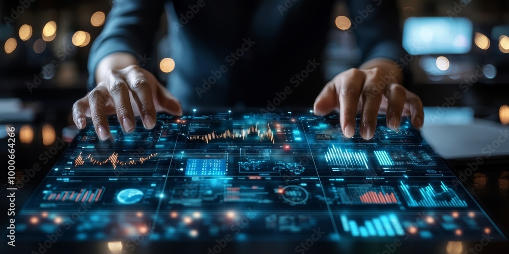 Professional Holding Virtual Interface with Payroll and Financial Icons, Concept of Modern Payroll Management Systems, Generative AI Professional Holding Virtual Interface with Payroll and Financial Icons, Concept of Modern Payroll Management Systems, Generative AI