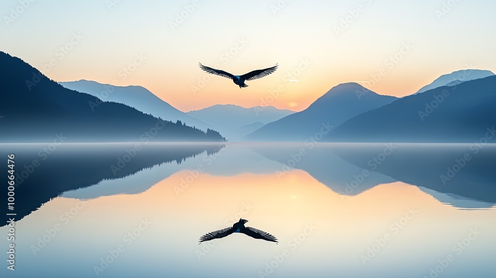 Naklejka premium A serene landscape featuring a lake, mountains, and a soaring bird at sunrise, reflecting tranquility and nature's beauty.