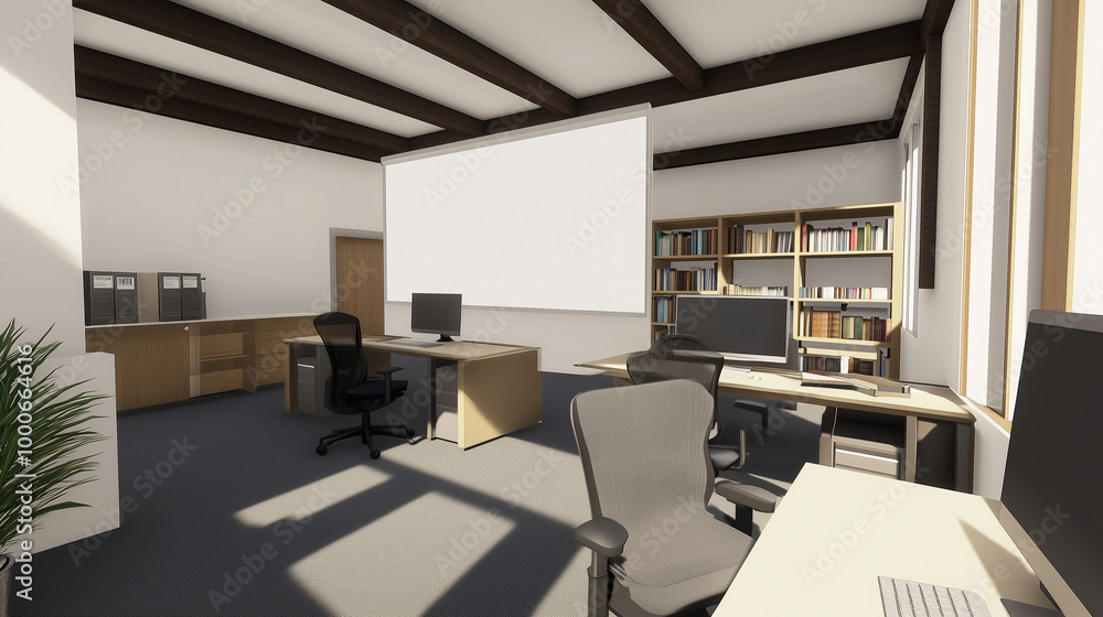 3D office with desks, chairs, blank poster frame. Minimalist style, natural light 3D office with desks, chairs, blank poster frame. Minimalist style, natural light