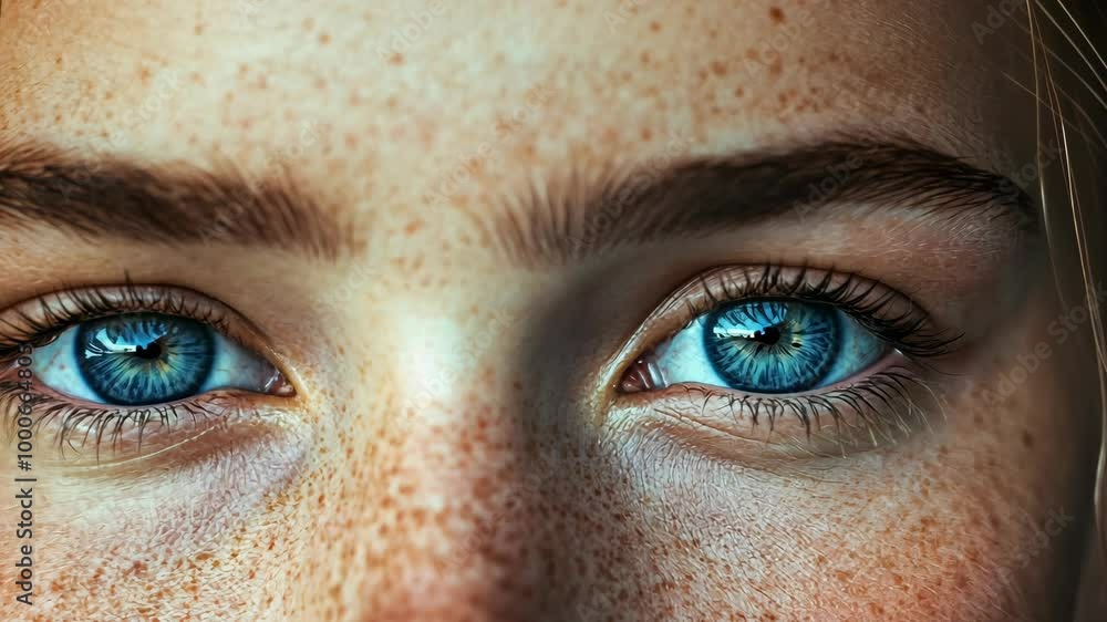 A close-up of a person's bright blue eyes with freckles on their face A close-up of a person's bright blue eyes with freckles on their face