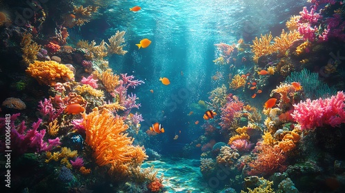 Vibrant coral reef teeming with life in a sunlit underwater scene.