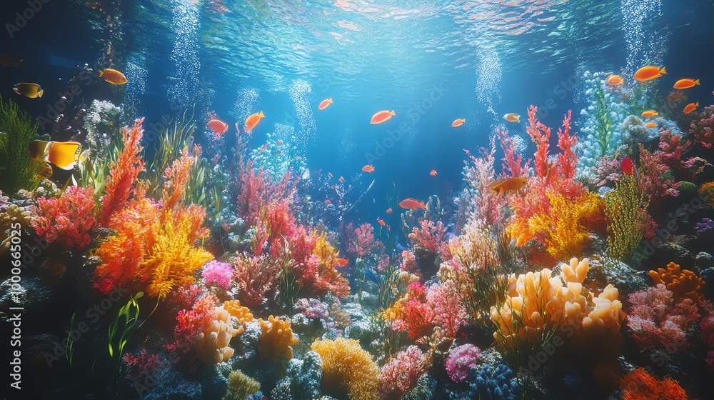 Naklejka premium Vibrant underwater scene with colorful coral reef and fish swimming in clear blue water.