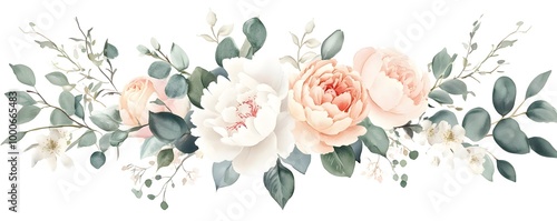 Watercolor floral bouquet, featuring peonies and roses, with eucalyptus leaves, in a white color palette, isolated on a white background, 